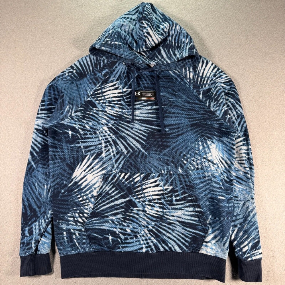 Under Armour Rival Hoodie Sweatshirt Mens Medium Loose Blue Fleece Palm AOP Logo
